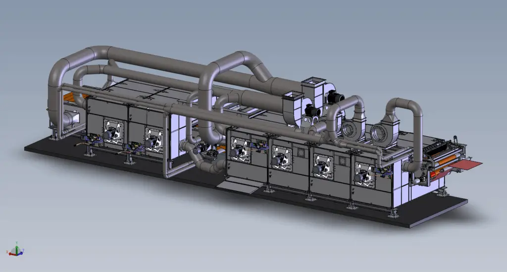 Technical drawing of a complex industrial machine with multiple rollers, conveyor belts, and control panels. Cylindrical objects are positioned on the belts and rollers. Zeichnungen Maschinenbau, Sondermaschinen, Anlagenbau, CAD-Konstruktion,