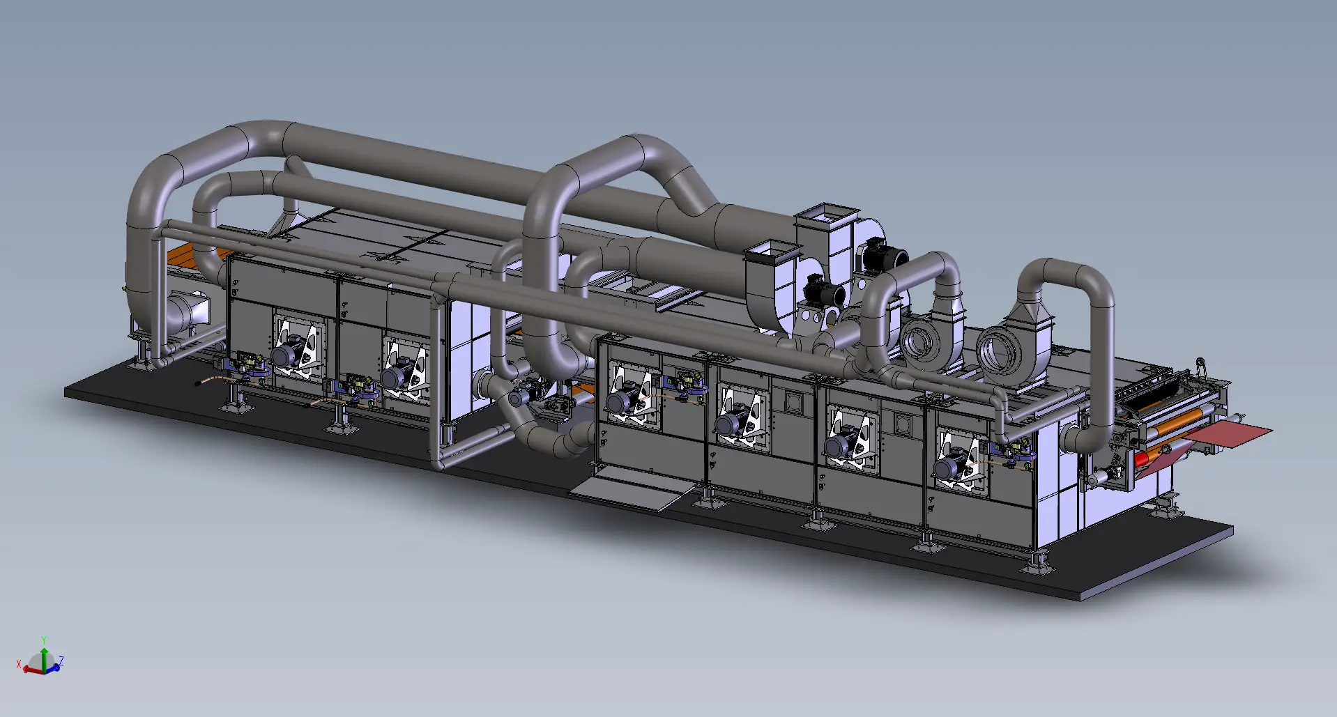 Technical drawing of a complex industrial machine with multiple rollers, conveyor belts, and control panels. Cylindrical objects are positioned on the belts and rollers.