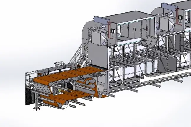 Technical drawing of a complex industrial machine with multiple rollers, conveyor belts, and control panels. Cylindrical objects are positioned on the belts and rollers.