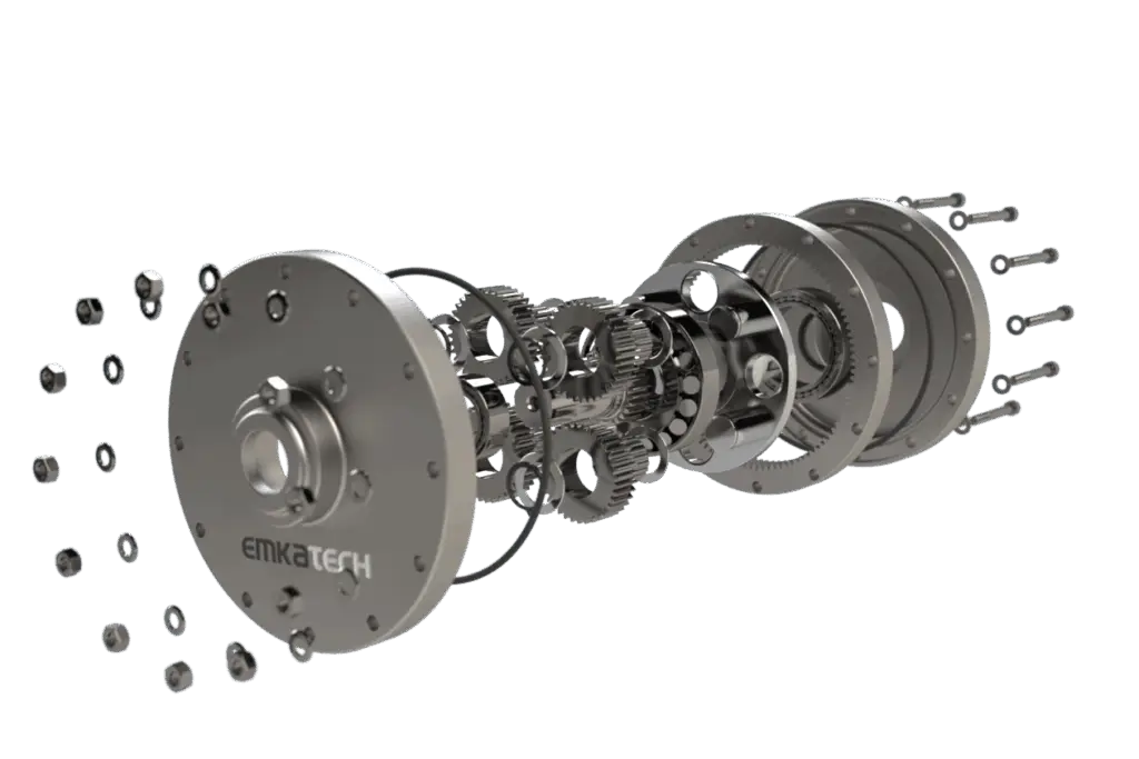 Konstruktion Explosionszeichnung Konstruktionsbüro eines Planetengetriebes mit sichtbaren Zahnrädern, Lagerungen und Befestigungselementen – geeignet für Test und technische Analyse.“ Konstruktionsbüro mi SolidWorks