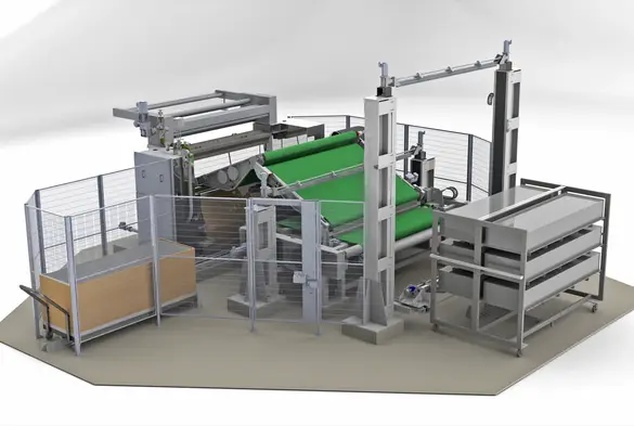 3D-Modell einer mechanischen Baugruppe in Explosionsdarstellung mit konischem Bauteil, Welle mit Zahnrädern und zylindrischem Flanschgehäuse