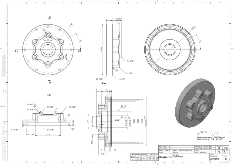 Technische Zeichnung Fertigungszeichnung für Maschinenbau mit CAD-Software, Fertigungszeichnungen, CAD Zeichnung, Fertigungszeichnung