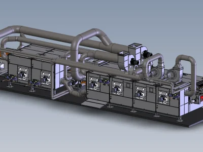 Technical drawing of a complex industrial machine with multiple rollers, conveyor belts, and control panels. Cylindrical objects are positioned on the belts and rollers. Zeichnungen Maschinenbau, Sondermaschinen, Anlagenbau, CAD-Konstruktion,