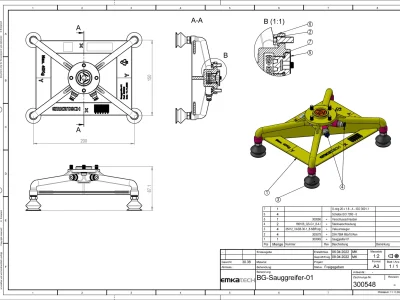 Zeichnung Sauggreife Technische Zeichnung, CAD-Service, CAD-Konstruktion, Maschinenbau, Anlagenbau, technische Zeichnungen, Dokumentationen, Rendering, technische Animationen, Animationen, 3D-Druck, 3d-Print, additive Fertigung,
