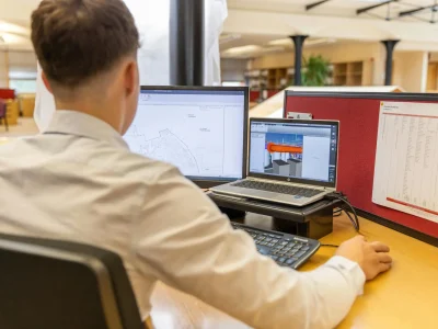Back view of engineer focused on CAD design at dual monitors in bright office setting.
