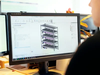 Close-up of an engineer using CAD software for vertical farm design on a desktop computer. CAD-Service, CAD-Konstruktion, Maschinenbau, Anlagenbau, technische Zeichnungen, Dokumentationen, Rendering, technische Animationen, Animationen, 3D-Druck, 3d-Print, additive Fertigung,