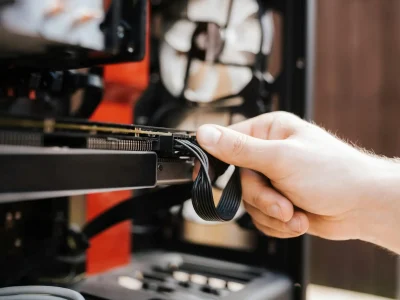 Close-up of a hand connecting components inside a desktop computer, showcasing technical precision.